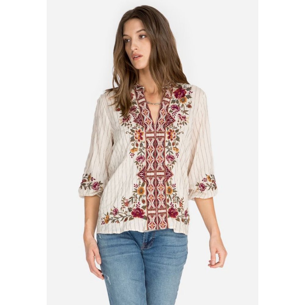Johnny Was Cream Embroidered Floral Split-Neck Blouse w/o tags